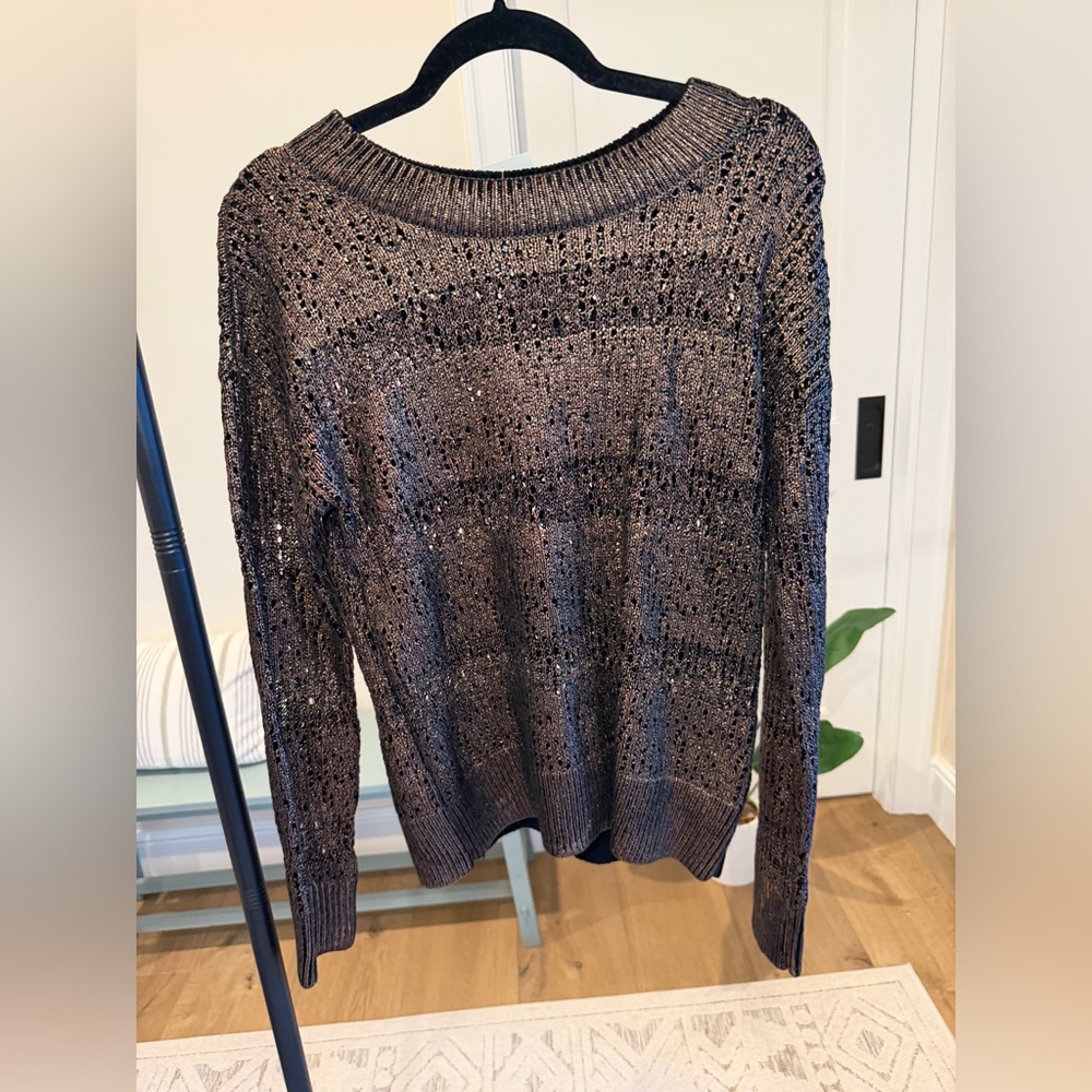 Evereve Metallic Open-Knit Crewneck Sweater - Black